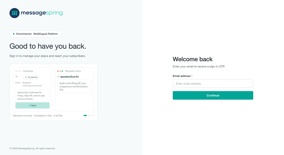 The MessageSpring sign-in screen: an email field and a Continue button that sends a one-time passcode, beside a panel showing one message composed to all parents by Bangkok International School and delivered to a parent’s inbox translated into Thai.